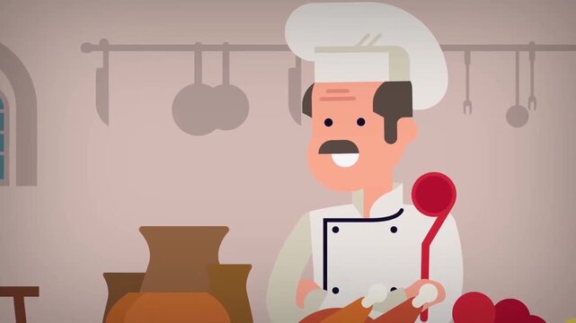 2D Animated Chef in White Uniform Presenting Roasted Chicken Dish in Kitchen Flat Vector Character Animation Footage