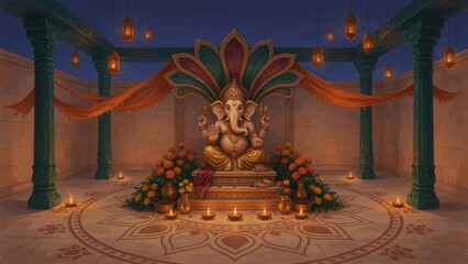 Obraz premium Magnificent Hindu temple interior decorated with statues and festive lights for celebration