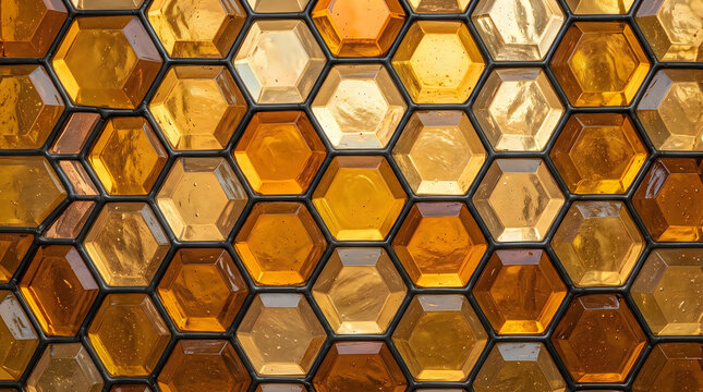 Golden honeycomb mosaic with geometric hexagonal pattern illuminated by warm light