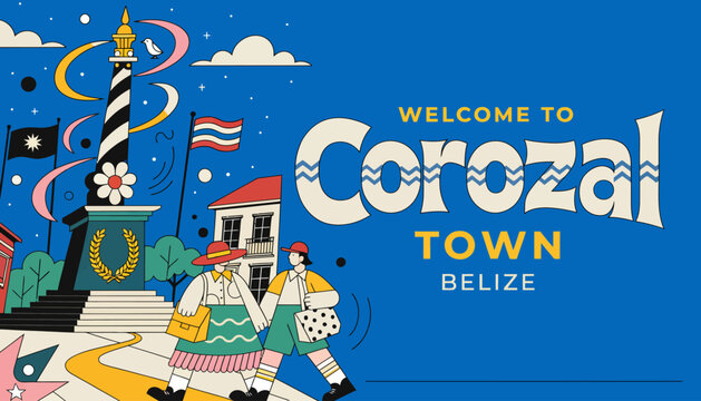 Welcome to Corozal Town, Belize - Colorful Travel Illustration