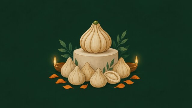 Minimalist composition of traditional modak sweet for Ganesh Chaturthi celebration background