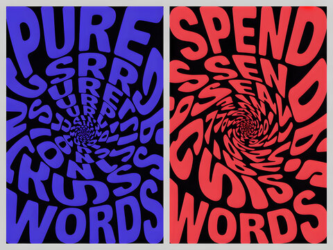Psychedelic typography poster with blue and red spiraling text on black background.
