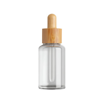 A clear glass dropper bottle with a wooden cap and pipette