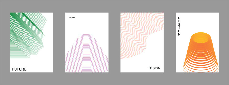 Minimalist abstract wireframe poster templates set vector illustration. Modern 3D geometric line shape, cone, wave, cylinder cover layout collection for futuristic brochure design.