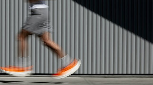 Blurry motion of a person running against a ribbed wall, with bright orange shoes