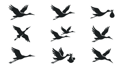 Fototapeta premium Stork silhouettes with baby delivery flight poses.