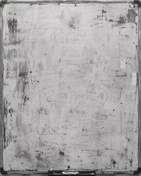 Vintage weathered whiteboard texture background with heavy ink stains and scratches.
