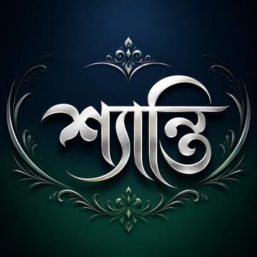 Bengali Shanti calligraphy in silver chrome, elegant peace word in Bengali script, luxury metallic typography on dark green background