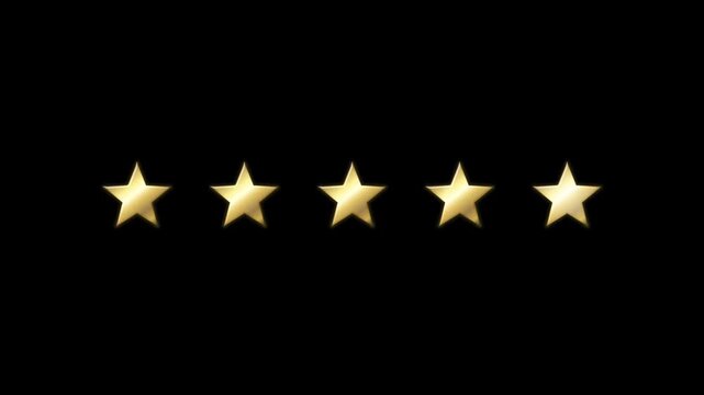 Five Golden Star Rating Animation Sequential Reveal on Black Background 5 Star Customer Review Concept