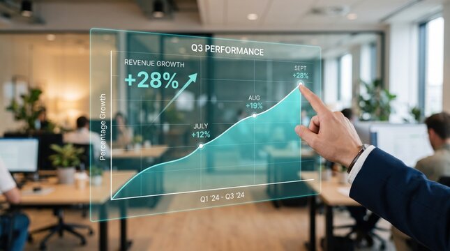 Hand touching virtual transparent screen displaying Q3 performance revenue growth chart with percentage increase, interactive data visualization technology for financial reporting