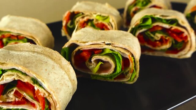 Close up view of fresh lavash pinwheel rolls with ham, lettuce, and red peppers beautifully arranged on a dark plate, presenting a perfect appetizer for any party or catering event