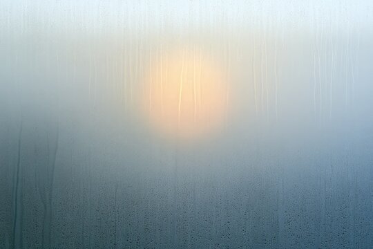 Blurred sun glows through misty, streaked window