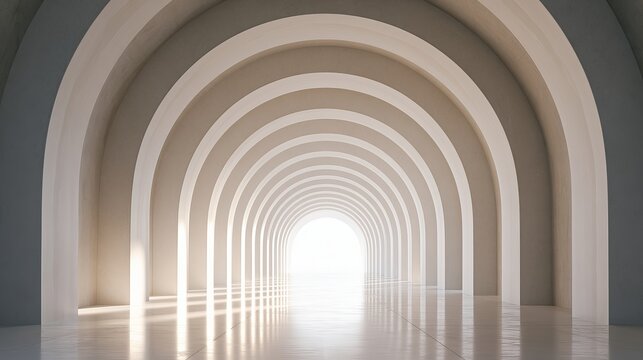 Abstract tunnel design featuring concentric arches receding into bright light, representing hope and journey in a minimalist architectural concept