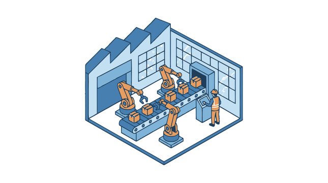 Isometric illustration of a modern automated factory with robots.