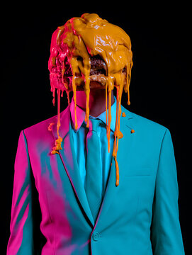 A figure wearing a bluish-green outfit and a double cheeseburger as a head