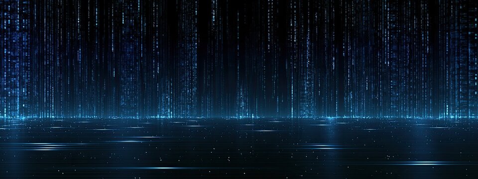Abstract digital rain of blue lights cascading onto a reflective surface