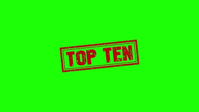 Top Ten rubber stamp animation. Top Ten Stamp textured bold text motion. Up to down stamp zooming and hit effect 4k video.