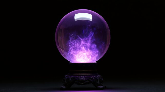 Mystical crystal sphere with vibrant purple glow and fiery light, symbolizing future visions and spiritual insight, concept for divination and magic