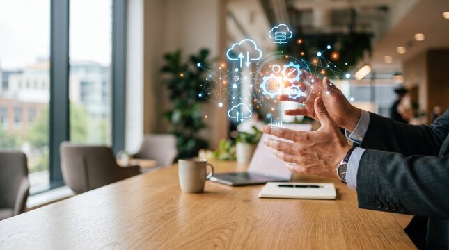 Businessman interacting with futuristic holographic interface showing cloud computing, data connectivity, and network gears icons floating above a wooden table in a modern meeting