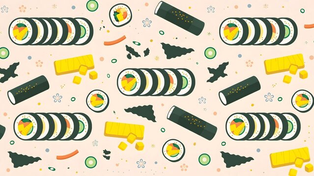 Colorful seamless pattern with sushi rolls and ingredients on light background.