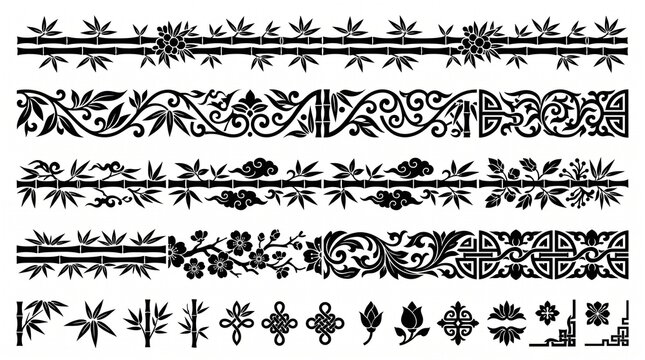Asian bamboo and floral design borders set vector illustration with bamboo borde