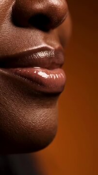 Glossy lips profile on dark skin.