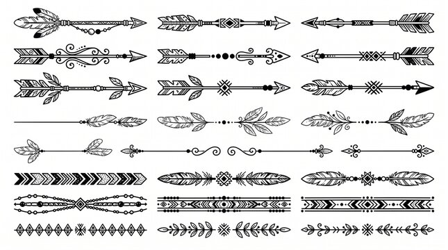 Boho tribal arrows and decorative feather dividers set with tribal arrow