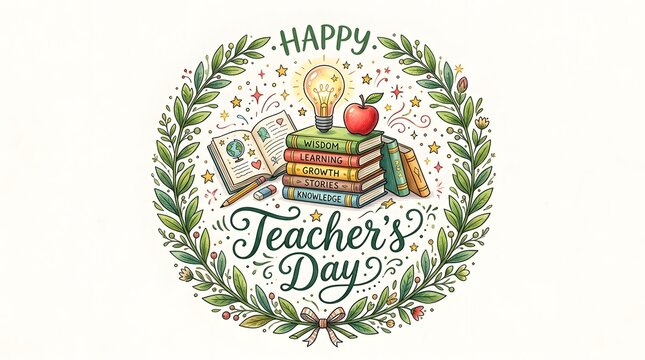 Watercolor wreath illustration with books apple and candle for teachers day