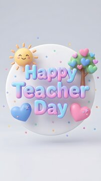 Colorful happy teacher day celebration with sun hearts and a small tree