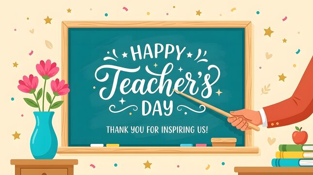 Happy teachers day illustration with chalkboard flowers and school supplies