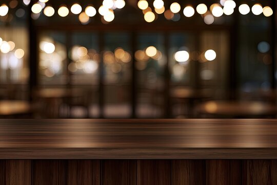 Empty wooden tabletop with blurred background of warm lights and seating