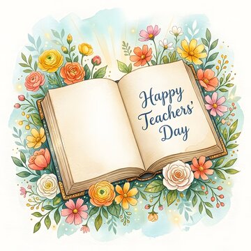 Watercolor painting of an open book with flowers for teachers day