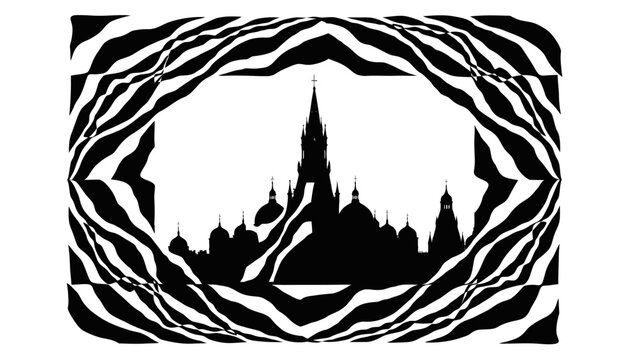 Abstract Monochrome Silhouette of Historic European Cityscape with Ornate Gothic Architecture and Distorted Zebra Pattern Frame