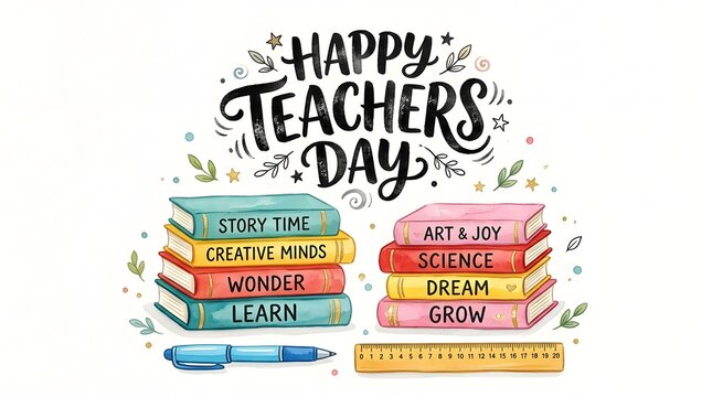 Happy teachers day watercolor illustration with stacked books and school supplies