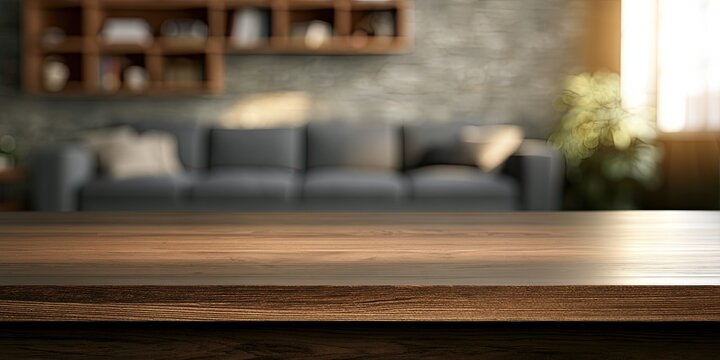 Empty wooden table in a cozy living room with sofa and bookshelves