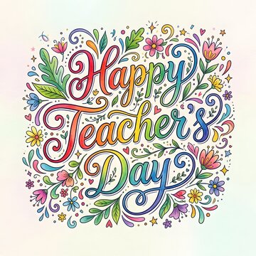 Happy teachers day hand lettered typography surrounded by colorful floral elements