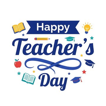 Happy teachers day illustration with books apple and graduation caps