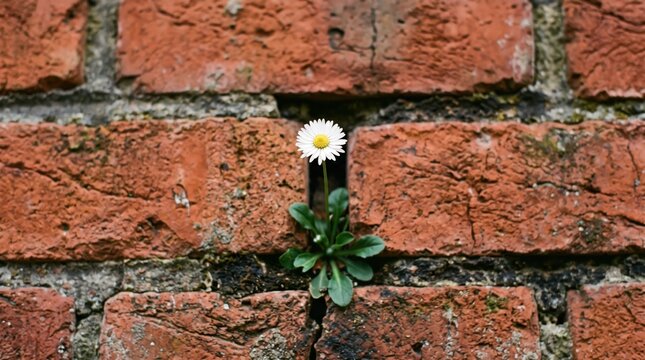 White daisy flower growing out of red brick wall crack, resilience, hope, nature strength, survival, urban gardening, life persistence, contrast, beauty in decay, 顽强生命力