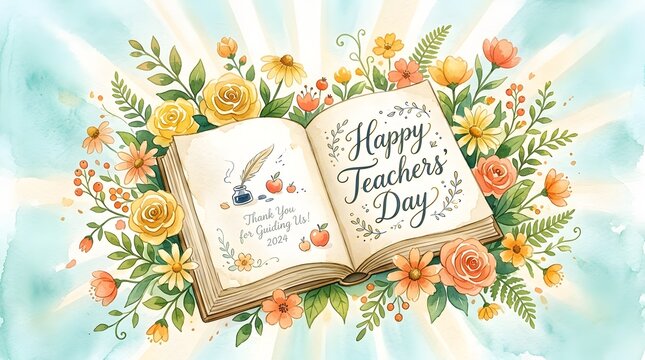 Watercolor happy teachers day card with beautiful floral arrangement and open book