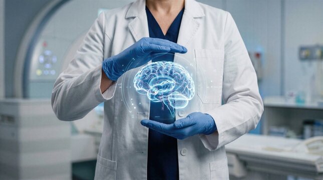 Medical doctor presenting transparent brain model in modern MRI suite, realistic healthcare innovation scene with augmented reality diagnostics, torso and hands focused for clinical use
