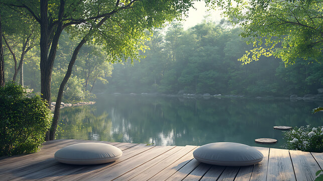 Peaceful wooden deck by a calm lake with meditation cushions surrounded by lush green forest and morning light