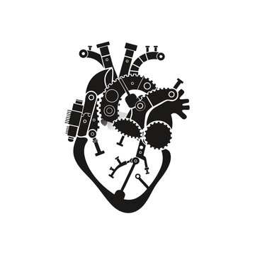 Steampunk mechanical heart vector, industrial clockwork anatomical organ, black silhouette engine heart with gears and pistons