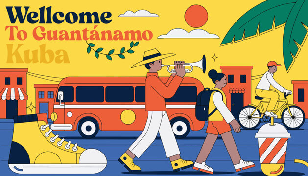 Welcome to Guantanamo Kuba - Vibrant Cuban street scene with people, bus, and bicycle, stylized illustration