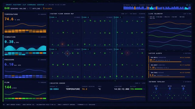 Explore the advanced IoT Nexus Grid in a smart factory command center with deep space indigo tones and vibrant sensor activity visualizations for real-time monitoring.