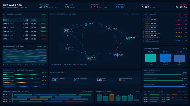 Connected Manufacturing Operations Center visualizes a deep ocean command room with animated maps, alerts, and data flows in a high-tech industry 4.0 environment.