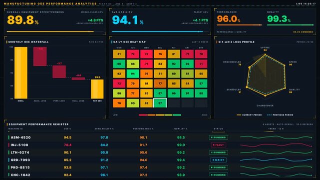 Dynamic OEE Command Glass dashboard visualizing manufacturing performance metrics with animated KPI tiles, waterfall charts, and heat maps in a vibrant amber and cyan color scheme.