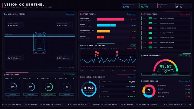 AI-powered manufacturing quality control system visually inspecting components with defect detection in crimson and cyan colors, showcasing metrics and alerts for compliance and performance.