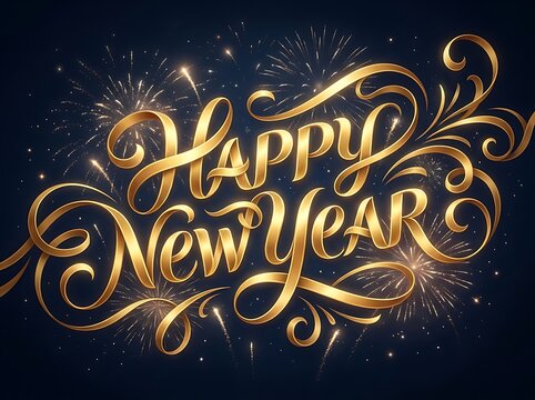Elegant golden happy new year calligraphy text with glowing fireworks background