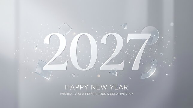 Elegant happy new year 2027 greeting card design with 3d frosted glass numbers and floating particles