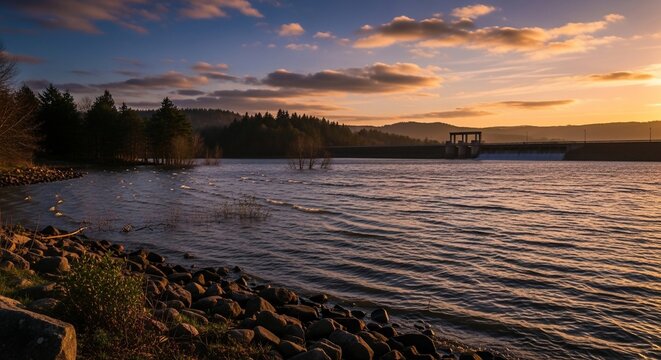 Tranquil lake at sunset